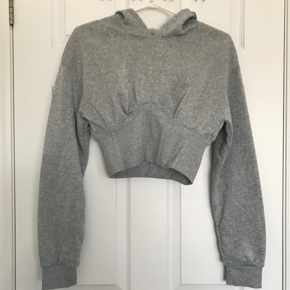 New Look Long Sleeve Short Cropped Pullover Hoodie M Light Grey Sweater Top - Picture 11 of 11